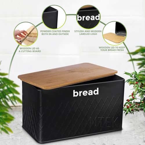 NTEK 5pc Kitchen Storage Bamboo Lid Set Includes Tea, Coffee, Sugar, Bread and Biscuit Barrel Canister Jar & Stylish Bread Bin - Diamond Embossed Design Matt Finish (BLACK) - Image 6
