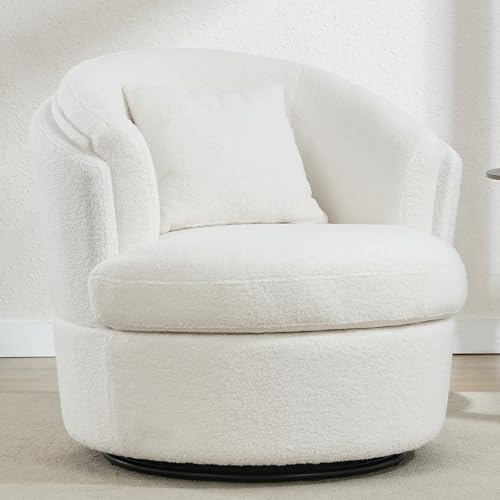 FriFurne Swivel Accent Chair, 360 Degree Round Swivel Barrel Chair with Pillow, Widened Upholstered Boucle Chair Comfy Sherpa Barrel Armchair for Living Room Bedroom Reading Room, White