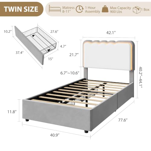 Image of Garvee Irregular Wave LED 2-Drawer Soft Upholstered Bed, Soft Padding
