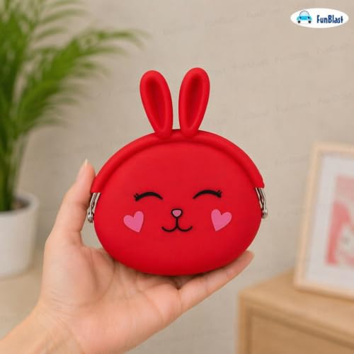 Image of FunBlast Cute Bunny Shape Silicone Coin Purse for Kids & Adults - Mini Pouch for Coins, Earphones, Keys & Small Essentials, Aesthetic Pouches for Girls & Women - 12 X 9.5 X 3 Cm (Bunny-Red)