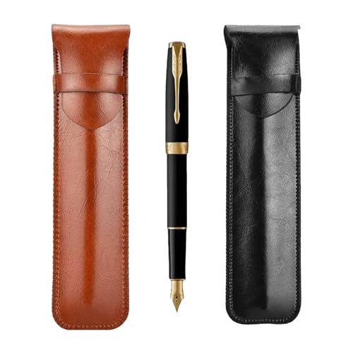 Zhenp Pack of 2 Genuine Leather Pencil Cases 15 x 4 cm / 5.9 x 1.57 Inches Fountain Pen Case for 1-3 Pens Protective Leather