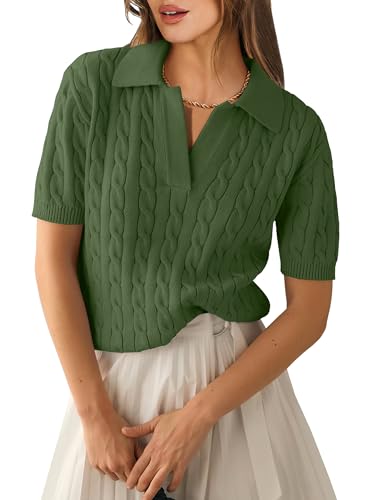Image of ANRABESS Womens Short Sleeve Cable Knit Polo Sweaters Summer Fall Outfits