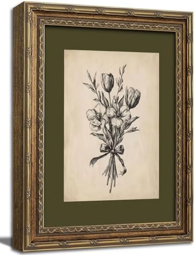 Gold Framed Wall Art Vintage Flower Sketch Wall Art Antique Sage ...