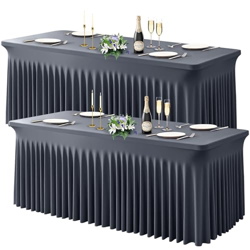 Wish Care 2 Pack Gray Spandex Table Clothes for 4 Foot Rectangle Tables, 4FT Wrinkle Free Fitted Tablecloths Ruffles Design Table Cover for Party, Banquet, Wedding and Events