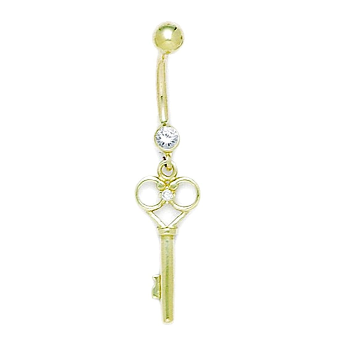 Bauchnabelpiercing für Herren, 14 Karat Gelbgold, Zirkonia, 14 Gauge, baumelnder Schlüssel, Körperschmuck, 41 x 9 mm