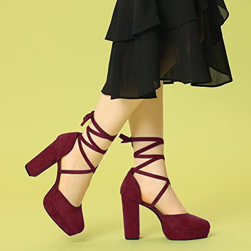 Allegra K Allegra K Women's Lace Up Platform Strappy Chunky Heels Burgundy Pumps 6 M US