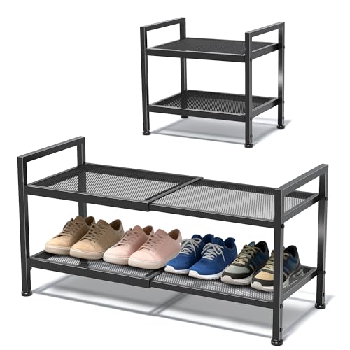 2 Tier Shoe Rack, Expandable Shoe Rack for Closet, Adjustable Shoe Organizer for Entryway, Shoe Storage Organizer for Door Entrance, Garage, Bedroom