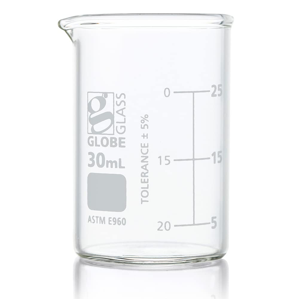 Globe Scientific Beaker, Globe Glass, 30mL, Low Form Griffin Style, Dual Graduations, 3.3 Borosilicate Glass, ASTM E960, 12/Box (8010030)