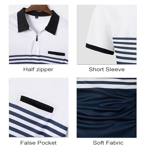 NLAND Polo Hombre Manga Corta con Cremallera Camiseta Polo Camisa Slim Fit Hombre Transpirabilidad Absorción Rayas Verano Ropa Tennis Regular Fit T-Shirt,Blanco XL