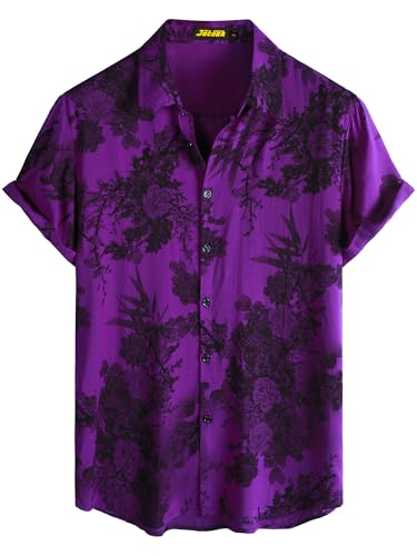 JOTOOK Mens Hawaiian Shirt Short Sleeve Button Down Tropical Shirts Casual Floral Summer Beach Shirt 3X-Large PurpleFloral