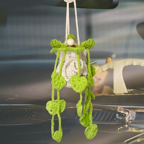 Image of Crochet Car Air Freshener Hanging, Cute Hanging Plant for Cars, Crochet Plant with 10ml Empty Refillable Oil Diffuser Bottle, Handmade Boho Car Ornaments Charms for Rear View Mirror, Green