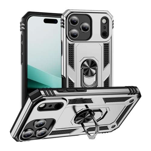 XINYANDIN 適用対象iPhone 17 Pro Max/17 Pro/17 Air/17用落下防止ケース、スリムなつや消しPCハード保護ケース、回転メタルリングスタンドカバー付き,銀,17 Pro