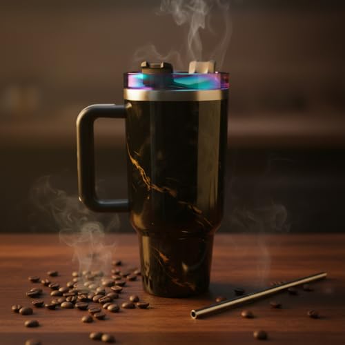 Image of Insulated Tumbler with Handle and Straw | BPA Free Reusable Travel Mug with Straw Mode Lid | Stain & Odour Resistant | Easy to Clean Drink Cup for Hot & Cold Beverages (Black)