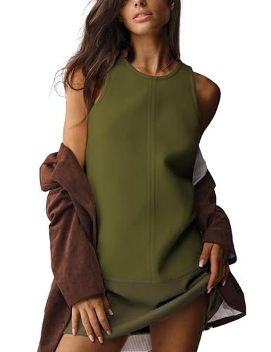 Image of Sleeveless Mini Dress for Women 2025 Fall Casual Beach Crew Neck Zip Up Tank Dresses