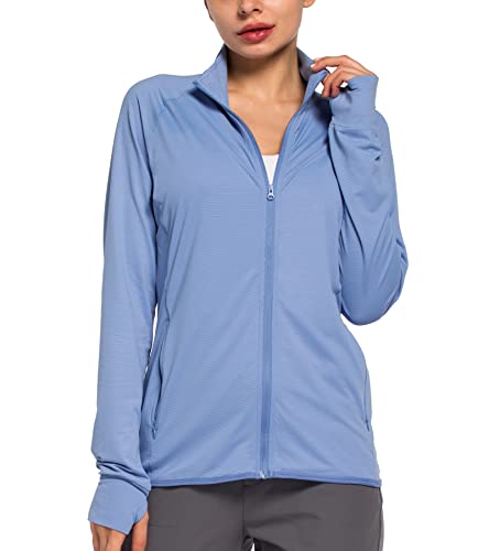 Women's Athletic Jackets Full Zip Long Sleeve Sun Shirts Running Lightweight Upf 50+ Zipper Pockets Quick Dry Sky Blue L #TOP4