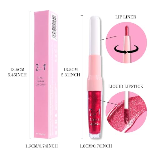 Image of evpct Rose Red Metallic Glitter Lip Liner and Lipstick Combo Lip Gloss Stain Set Makeup for Women Long Lasting Waterproof 24, Non Stick Cup Metal Shine Shimmer Iridescent Liquid Lipstick 25