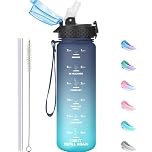 GOPPUS 500ml/17oz Kids Water Bottles with Straw Tritan Childrens Bottle with Flip Top Lid BPA Free Measured Drinks Bottle with Strap Sports Reusable Time Markings Leakproof (Gray Blue)
