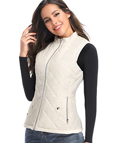 Longking Women's Vest, Stand Collar Lightweight Zip Quilted Vest For Women Off White Xs #TOP1