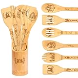 Witch Wooden Spoons Set Gifts for Women Kitchen Accessories 7 pcs Pink Green Theme Decor Laser Engraved Spoon Gift for Christmas Housewarming Birthday