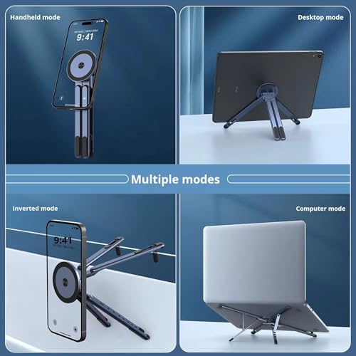 Image of Magnetic Phone Tripod Stand, 3-in-1 Adjustable Holder for iPhone iPad Laptop, 8-Level Height & Angle, Portable Aluminum Alloy Desktop Stand, Compatible with 4-13 inch iPhone, 10-16 inch Laptops & Tablets