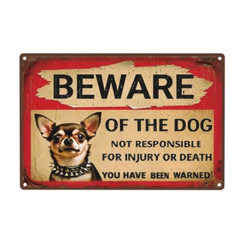 Vintage Metal Tin Sign - Beware of Dog Chihuahua with Spiked Collar Humorous Warning Sign, Rustic 8x12 Inch Outdoor Yard Decor for Fence, Farm, Garden, Kitchen - Funny Pet Owner Gift for Men & Women