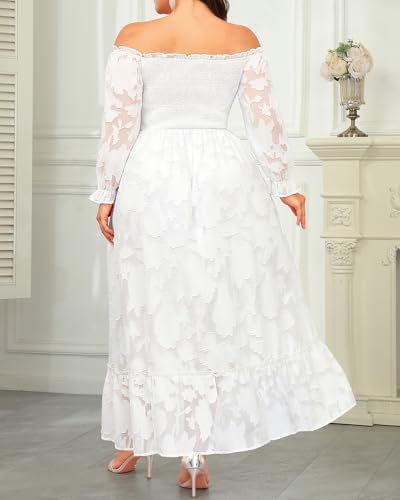 Image of Plus Size Summer Dresses Sun - Maxi Boho Casual Off Shoulder Floral Lace Long Dress with Pockets
