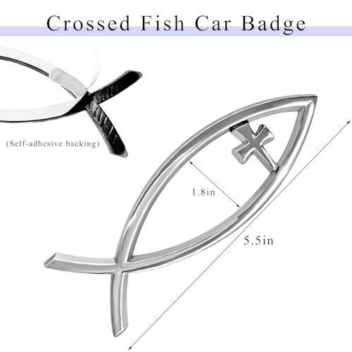 Image of Christian Cross Fish Car Emblem, Large Jesus Fish Cross Auto Emblem Badge Bumper Sticker, Weatherproof Christian Fishes Symbol Ichthus Religious Decal for Most Vehicles (Silver)
