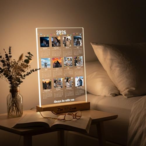 Calendario 2026 personalizzato con scatola luminosa a LED con foto e testo, cornice personalizzata in acrilico con supporto illuminato, stampa i tuoi 12 ricordi personalizzati, per fidanzata, coppia
