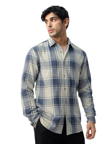 Image of The Souled Store: Blue Sails Men and Boys Long Sleeve Collared Neck Button Front Blue and Cream Checked Embroidered Regular Fit Cotton Linen Shirt