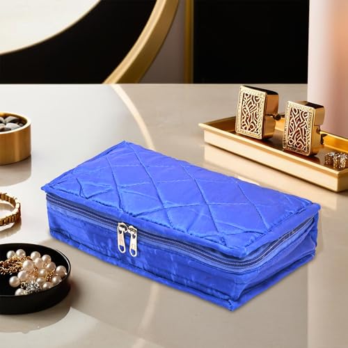 Image of Kuber Industries Parachute Jewellery Pouches for Storage Necklace & Bangles with 4 Transparent Pouches | Jewellery Kit /Bag /Organiser for Women | Quilted Print - Blue