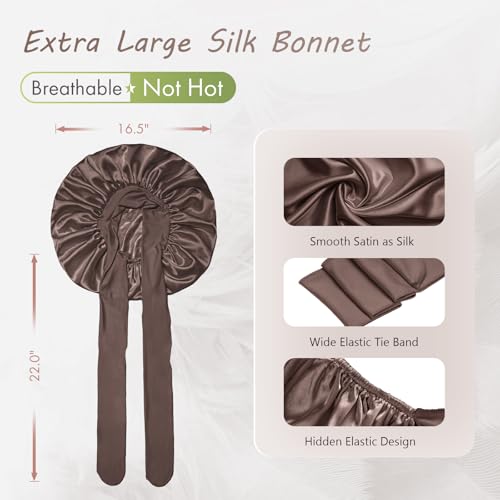 Image of BONNET QUEEN XL Large Silk Bonnet for Sleeping for Women Big Satin Bonnet Night Cap for Curly Hai rwith Tie Band, Single Layer, Large, Chocolate