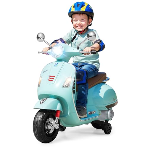 GOPLUS Moto Eléctrica para Niños 12V, Scooter Eléctrico Vespa de 4 Ruedas con Música, Luces LED, Ruedas de Entrenamiento y Doble Motor 30W, Diseño Retro-Chic para Niños de 3 a 6 Años (Verde)