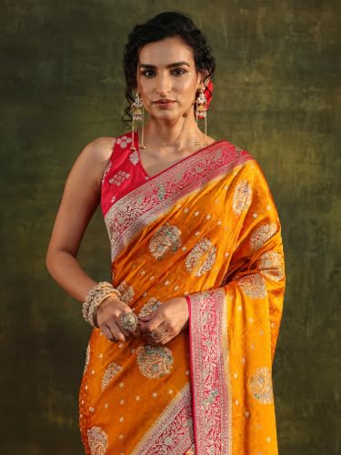 Image of Libas Art Woven Design Satin Saree for Women With Unstitched Blouse Piece | Traditional Saree for Party & Wedding