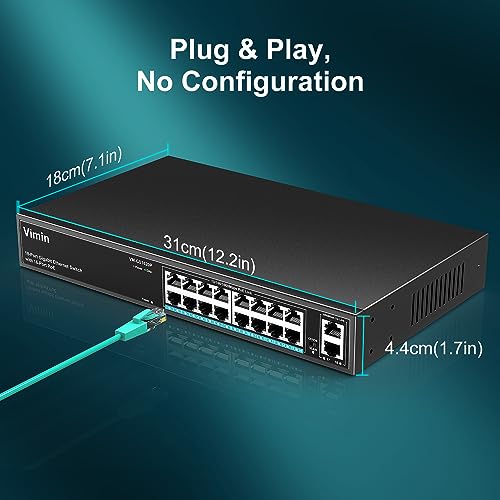 Image of 16 Port Gigabit PoE Switch with 2 Uplink Gigabit Ports, VIMIN 18 Port Unmanaged Ethernet PoE Switch with 250W Power, Support IEEE802.3af /at, VLAN, Metal Housing, 19 inch Rack-Mount, Plug & Play