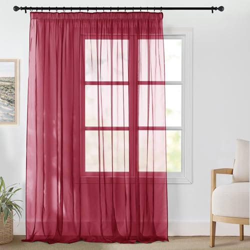 PONY DANCE Rideau Grande Largeur 300x245cm (LxH), Voilage Galon Fronceur et Passe Tringle, Voile Tulle Rouge Noel Transparent Decoration pour Salon Fenetre Chambre...