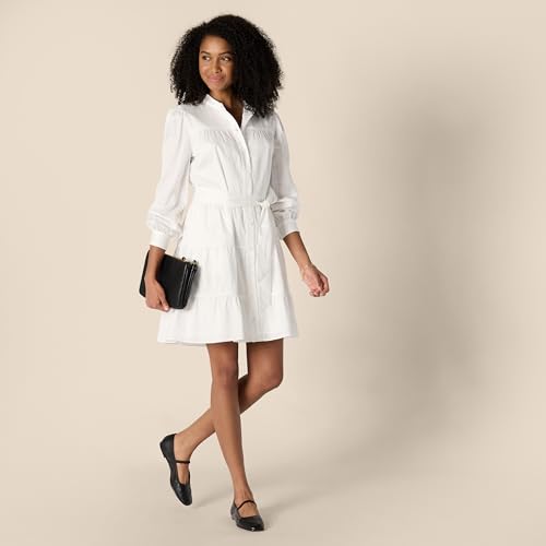 Image of Amazon Essentials Women's Regular-Fit Cotton Sateen Tiered Shirt Dress with Puff Shoulder Sleeves, Collar Band, Button-Front