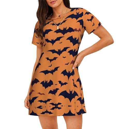 KAPPTYY Camisón de verano para mujer con estampado de murciélago, ropa de dormir suave para adultos, vestido de dormir de manga corta, Negro, XXL