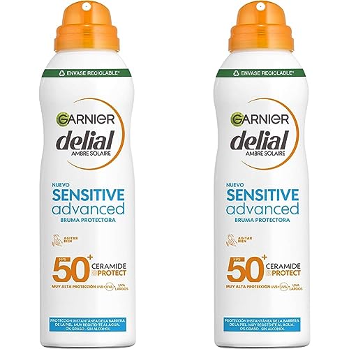 Garnier Delial Sensitive Advanced - Bruma Seca Protector Solar para Pieles Claras, Sensibles e Intolerantes al Sol IP50+ - 150 ml (Paquete de 2)