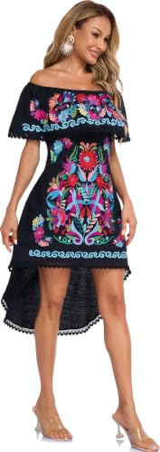 Image of YZXDORWJ Women's Mexican Asymmetrical Dress Embroidered Floral Off-Shoulder Cocktail Latina Fiesta Dress