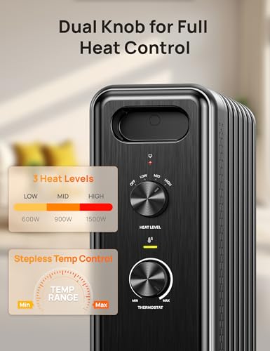 Image of DREO Radiator Heater, Quiet Electric Space Heater for Indoor Use Large Room | Dual Knobs, Energy Saving, 8 Safety Protection, 1500W Quiet Oil Filled Radiator for Bedroom, Adjustable Thermostat, Grey