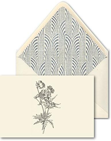HAND MADE CARDS AND DESIGNER ENVELOPES [Set Of 10] - Flowers/Botanical "Geranium, In Black" Vintage Art Combines With Elegant Hand Made Paper With Lovely Art Deco Arches On Cream Design And Specialty Materials To Create These Delightful Cards From Our Design Collection - A Stylish Way To Add A Personal Touch To Your Correspondence - Crafted By Hand By K DESIGNS