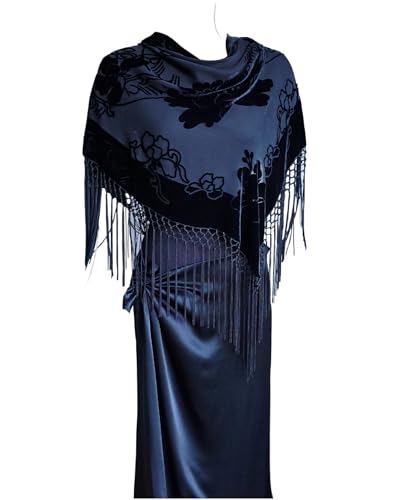 Silk Base Burn-out Velvet Triangle Scarf, with 8" Tassel on two sides, Flora pattern, All Black3