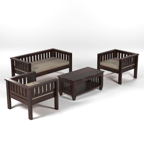 Image of Sheesham Wood 5 Seater Low Height Sofa Set with Coffee Table for Living Room | 5 Seater Sofa Set | Wooden Sofa Set | Beige Cushion (3+1+1, Walnut Finish)