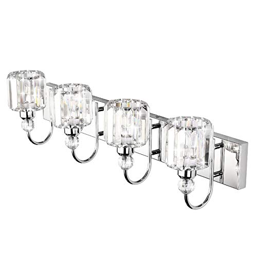 Image of Ralbay Modern LED Crystal Bathroom Vanity Lights 4-Lights Stainless Steel Crystal Vanity Lights Over Mirror Modern Crystal Bathroom Vanity Lighting Fixtures