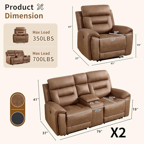 Image of ANJ 3-Piece Faux Leather Power Recliner Sofa Set with USB&Type-C Charging Ports, Include Single Recliner Chair, 2-Seater Loveseat Set of 2 with Hidden Storage & Cup Holders, Brown