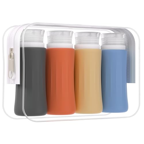 Image of DEPOZA 4 Pack Travel Size Toiletries Containers Sets - TSA Approved Leak Proof Silicone Travel Bottles with Label - BPA Free for Shampoo, Conditioner, Lotion, Soap Travel Essential Accessories