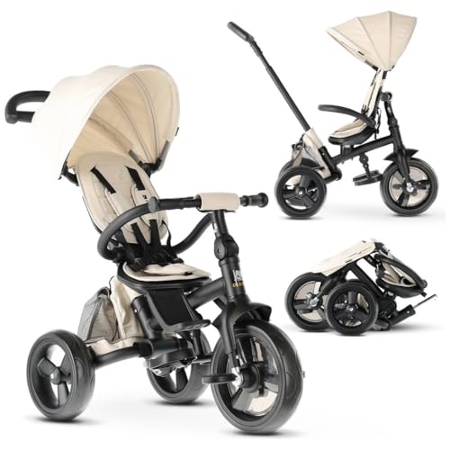 Deryan Explorer Triciclo Desde 9 Meses hasta 25 kg - Triciclo Infantil con Barra de Empuje - Asiento Giratorio - Capota Plegable con protección Solar - turrón