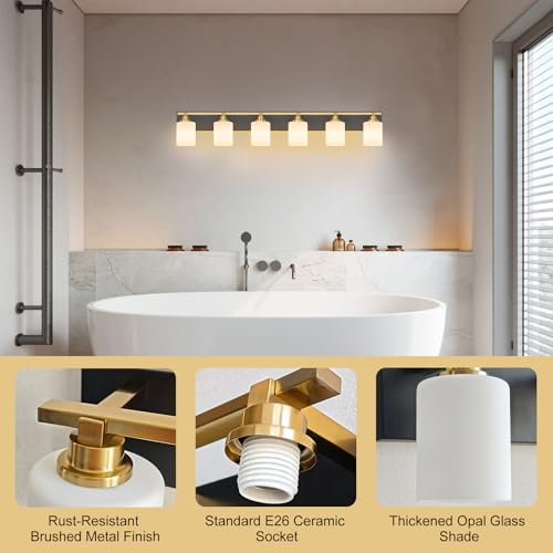 Image of Modern Bathroom Lighting Fixtures Over Mirror, Vanity Lights for Bathroom, Wall Sconces with Milky White Glass Shades, E26 Ceramic Socket, 6-Light 43-inch Black and Gold
