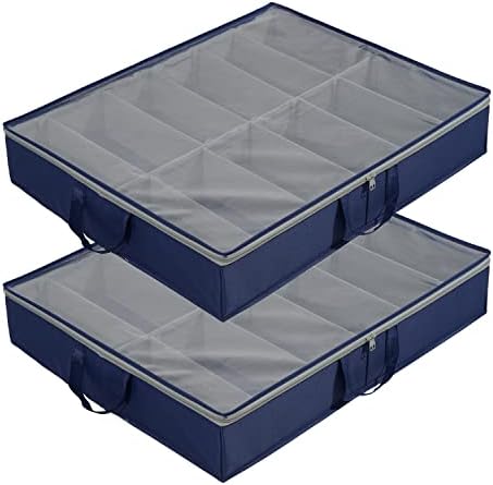 Amazon Basics Fabric Underbed Shoe Storage Organizer with Handles - Navy Blue, Pack of 2