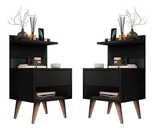 Kit 2 Mesas De Cabeceira Sleep Retrô 1 Gaveta E Prateleiras Luxo - Preto